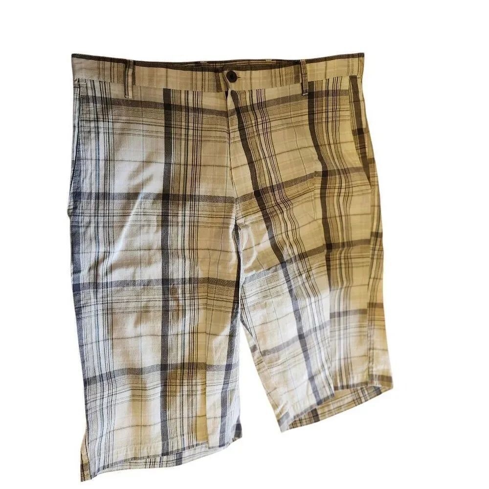Burnside Cargo Shorts Men's Size 36 Blue Brown Tan White Plaid Flat Front
